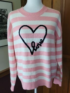 LOFT Pink & White Striped Heart Sweater - Love Graphic